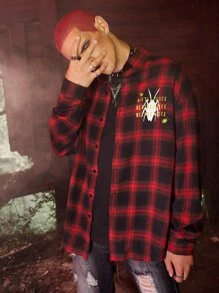 ROMWE MEN WB Horror | ROMWE Guys Plaid Letter Graphic Shirt - Red - View 1