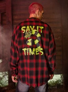 ROMWE MEN WB Horror | ROMWE Guys Plaid Letter Graphic Shirt - Red - View 2