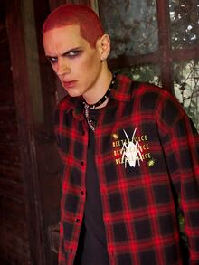 ROMWE MEN WB Horror | ROMWE Guys Plaid Letter Graphic Shirt - Red - View 3