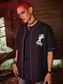 ROMWE MEN WB Horror | ROMWE Guys Figure Print Contrast Piping Shirt - Black - View 1