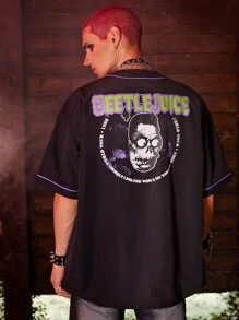 ROMWE MEN WB Horror | ROMWE Guys Figure Print Contrast Piping Shirt - Black - View 2