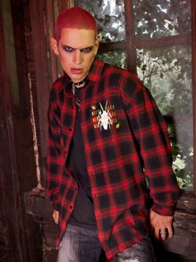 ROMWE MEN WB Horror | ROMWE Guys Plaid Letter Graphic Shirt - Red - View 7