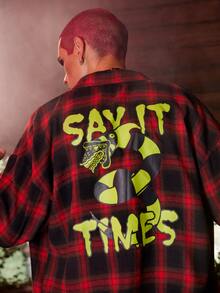 ROMWE MEN WB Horror | ROMWE Guys Plaid Letter Graphic Shirt - Red - View 8