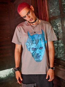 ROMWE MEN WB Horror | ROMWE Hombres Camiseta con estampado de letra - Gris - Ver 1