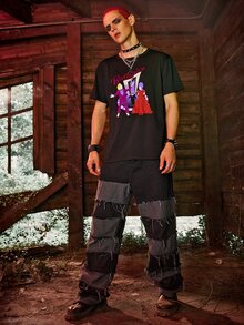 ROMWE MEN WB Horror | ROMWE Guys Letter & Cartoon Graphic Tee - Black - View 5