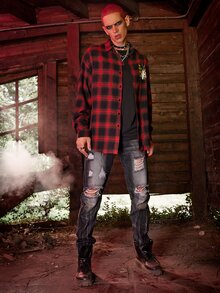 ROMWE MEN WB Horror | ROMWE Guys Plaid Letter Graphic Shirt - Red - View 9