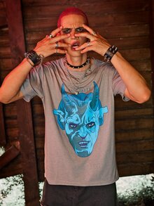 ROMWE MEN WB Horror | ROMWE Hombres Camiseta con estampado de letra - Gris - Ver 2