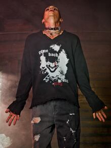 ROMWE MEN WB Horror | ROMWE Guys Raw Hem Graphic Sweater - Black - View 1