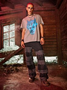 ROMWE MEN WB Horror | ROMWE Hombres Camiseta con estampado de letra - Gris - Ver 4