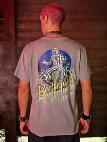 ROMWE MEN WB Horror | ROMWE Hombres Camiseta con estampado de letra - Gris Claro - Ver 2