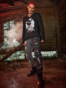 ROMWE MEN WB Horror | ROMWE Guys Raw Hem Graphic Sweater - Black - View 2