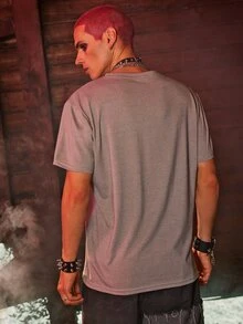 ROMWE MEN WB Horror | ROMWE Hombres Camiseta con estampado de letra - Gris - Ver 5
