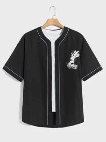 ROMWE MEN WB Horror | ROMWE Guys Figure Print Contrast Piping Shirt - Black - View 7