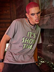 ROMWE MEN WB Horror | ROMWE Hombres Camiseta con estampado de letra - Gris Claro - Ver 3