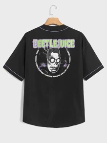 ROMWE MEN WB Horror | ROMWE Guys Figure Print Contrast Piping Shirt - Black - View 8