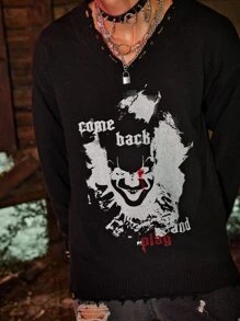 ROMWE MEN WB Horror | ROMWE Guys Raw Hem Graphic Sweater - Black - View 4