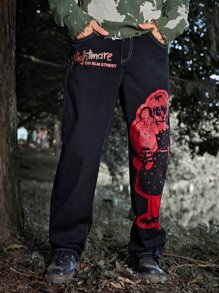 ROMWE MEN WB Horror | ROMWE Hombres Jeans con estampado de figura - Negro - Ver 1
