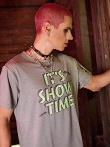 ROMWE MEN WB Horror | ROMWE Hombres Camiseta con estampado de letra - Gris Claro - Ver 5