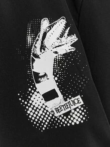 ROMWE MEN WB Horror | ROMWE Guys Figure Print Contrast Piping Shirt - Black - View 9