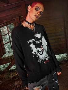 ROMWE MEN WB Horror | ROMWE Guys Raw Hem Graphic Sweater - Black - View 5