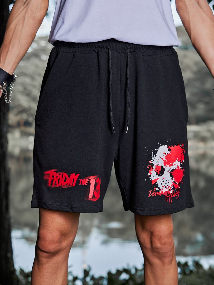 ROMWE MEN WB Horror | ROMWE Guys Skull Print Shorts - Black - View 1