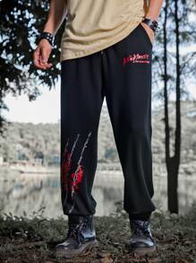 ROMWE MEN WB Horror | ROMWE Guys Letter Graphic Sweatpants - Black - View 1