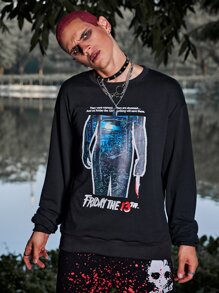 ROMWE MEN WB Horror | ROMWE Guys Slogan Figure Graphic Sweatshirt - Black - View 1