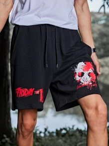 ROMWE MEN WB Horror | ROMWE Guys Skull Print Shorts - Black - View 2