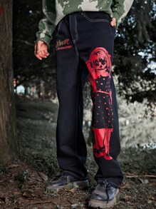 ROMWE MEN WB Horror | ROMWE Hombres Jeans con estampado de figura - Negro - Ver 2