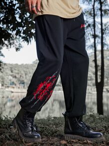 ROMWE MEN WB Horror | ROMWE Guys Letter Graphic Sweatpants - Black - View 2