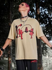 ROMWE MEN WB Horror | ROMWE Hombres Camiseta con estampado de dibujos animados - Caqui - Ver 2