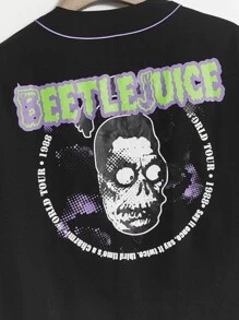 ROMWE MEN WB Horror | ROMWE Guys Figure Print Contrast Piping Shirt - Black - View 10