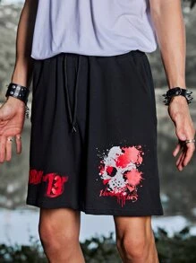 ROMWE MEN WB Horror | ROMWE Guys Skull Print Shorts - Black - View 3