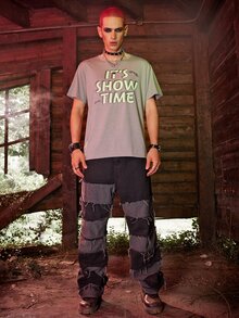 ROMWE MEN WB Horror | ROMWE Hombres Camiseta con estampado de letra - Gris Claro - Ver 6