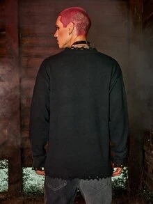 ROMWE MEN WB Horror | ROMWE Guys Raw Hem Graphic Sweater - Black - View 6