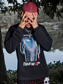 ROMWE MEN WB Horror | ROMWE Guys Slogan Figure Graphic Sweatshirt - Black - View 2