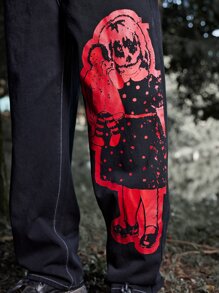 ROMWE MEN WB Horror | ROMWE Hombres Jeans con estampado de figura - Negro - Ver 4