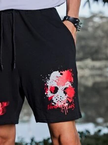 ROMWE MEN WB Horror | ROMWE Guys Skull Print Shorts - Black - View 4