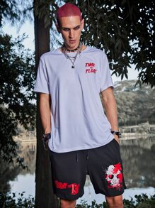 ROMWE MEN WB Horror | ROMWE Guys Skull Print Shorts - Black - View 5