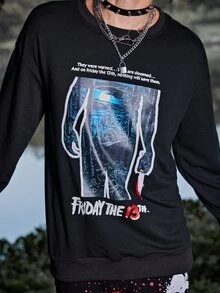 ROMWE MEN WB Horror | ROMWE Guys Slogan Figure Graphic Sweatshirt - Black - View 4