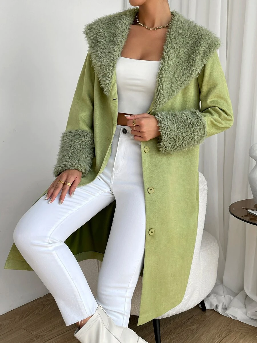 SHEIN EZwear 毛絨面板大翻領仿麂皮外套