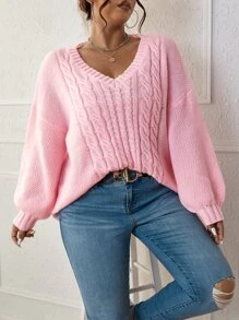 Calvaya Plus Cable Knit Sweter Z Opuszczonymi Ramionami, Na Zimę