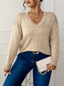 SHEIN LUNE Plus Space Dye Drop Shoulder Sweater - Khaki - View 1