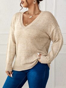 SHEIN LUNE Plus Space Dye Drop Shoulder Sweater - Khaki - View 2