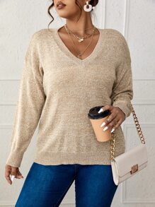 SHEIN LUNE Plus Space Dye Drop Shoulder Sweater - Khaki - View 4