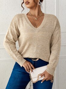 SHEIN LUNE Plus Space Dye Drop Shoulder Sweater - Khaki - View 5