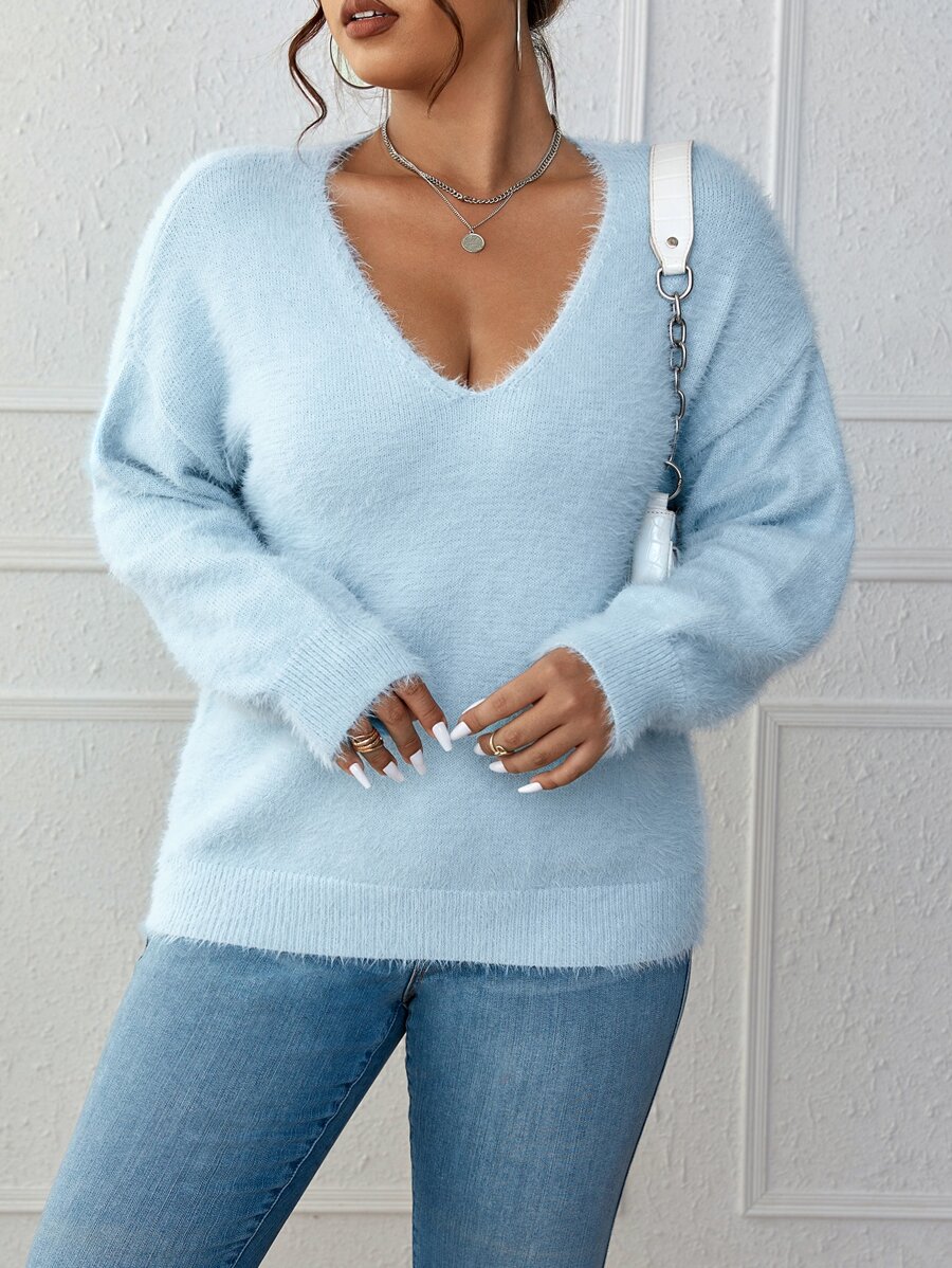 Flirla Plus Drop Shoulder Fluffy Knit Jumper - Baby Blue - View 1