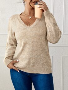 SHEIN LUNE Plus Space Dye Drop Shoulder Sweater - Khaki - View 6