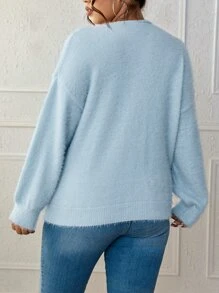 Flirla Plus Drop Shoulder Fluffy Knit Jumper - Baby Blue - View 2