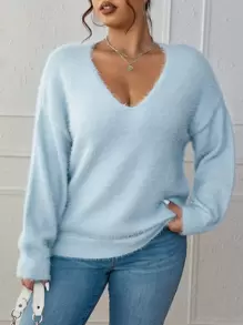 Flirla Plus Drop Shoulder Fluffy Knit Jumper - Baby Blue - View 4